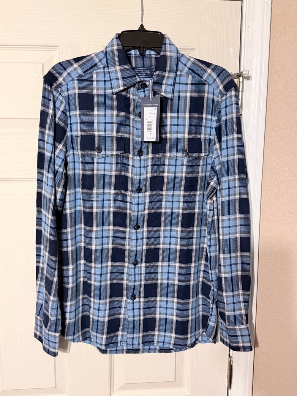 Vineyard Vines Navy and Light Blue Plaid Button-Down Shirt